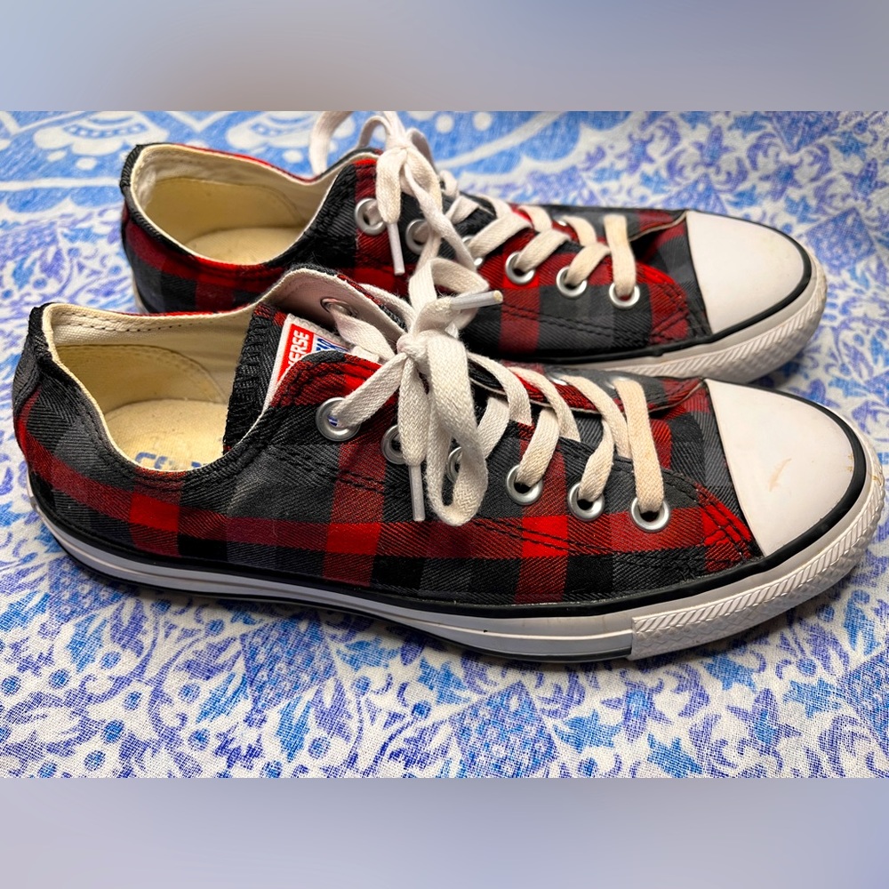 Converse Low Top Red & Gray Plaid Shoes Unisex